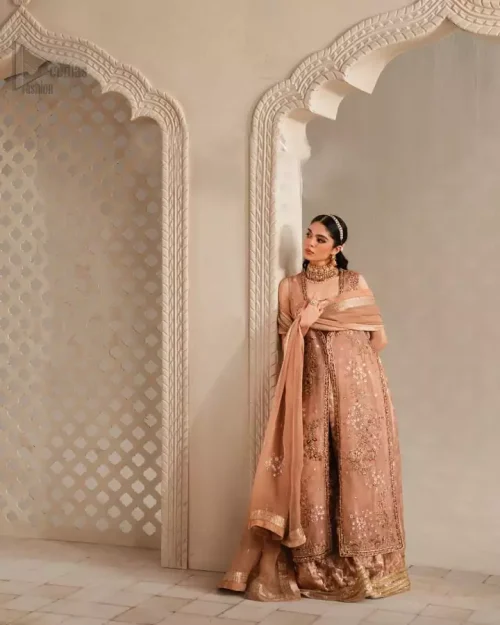 Peach Pink Front Open Jacket Sharara Dupatta