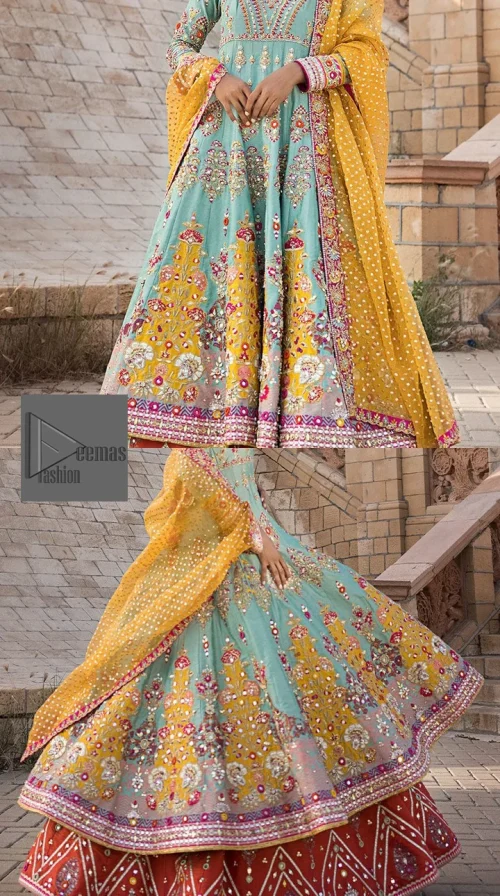 Effortlessly achieve the perfect bride look with this mehndi wear! Turquoise Frock is adorned with gorgeous motifs in multiple colors.