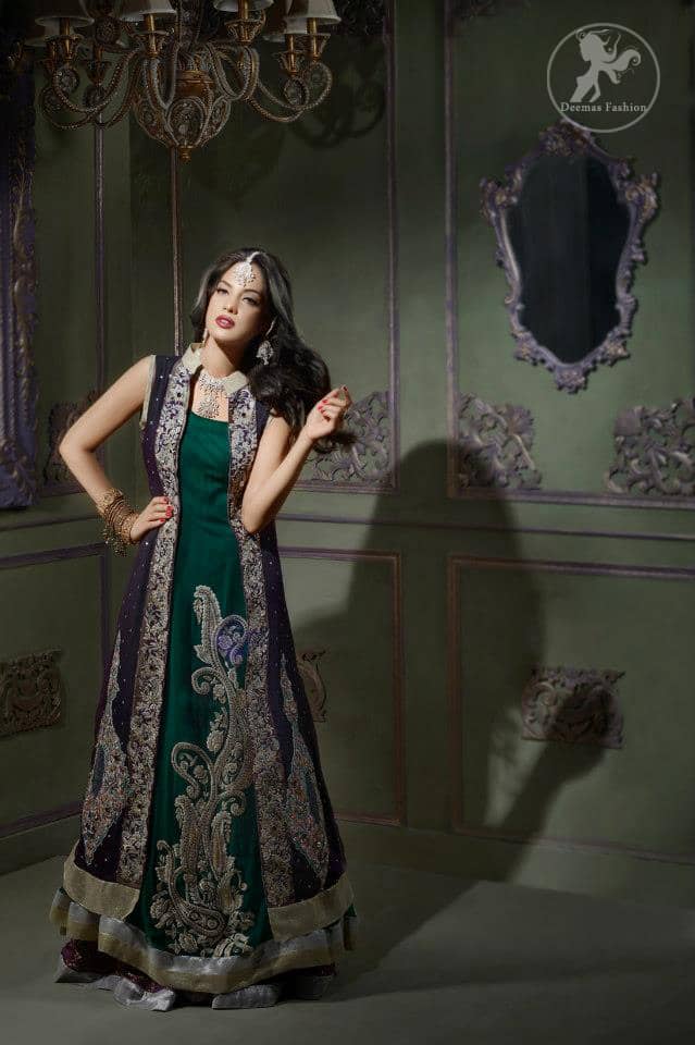 Bottle Green Front Open Gown Style Long Dress