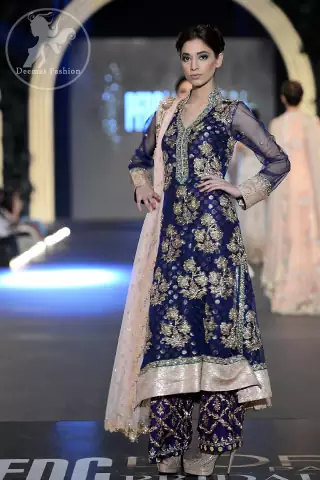 Bridal Collection Navy Blue Fully Embellished A-Line Shirt & Embroidered Trouser