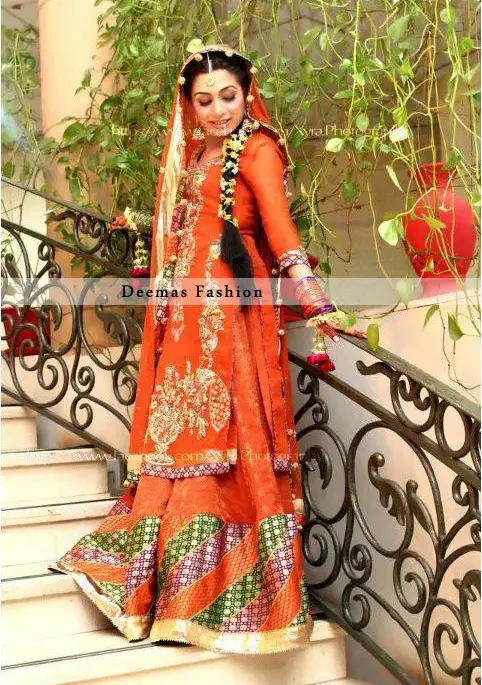 Deep orange bridal mehndi wear sharara