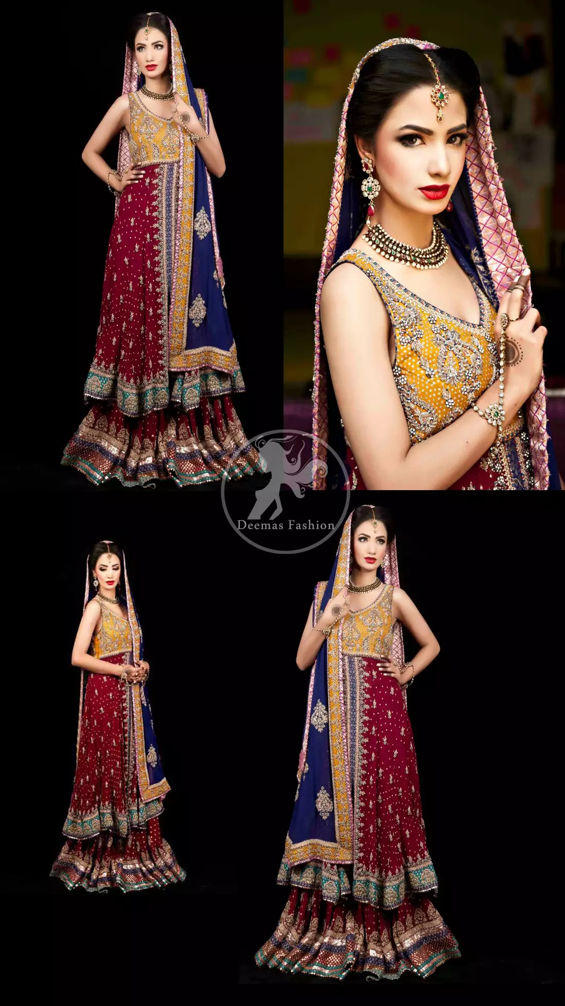 Deep Red A-Line Front Open Frock Having Golden Bodice With Navy Blue Dupatta and Lehnga
