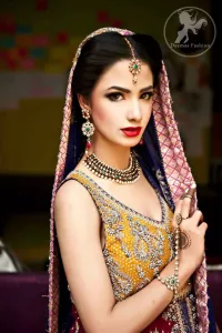 Deep Red A-Line Front Open Frock Having Golden Bodice With Navy Blue Dupatta and Lehnga