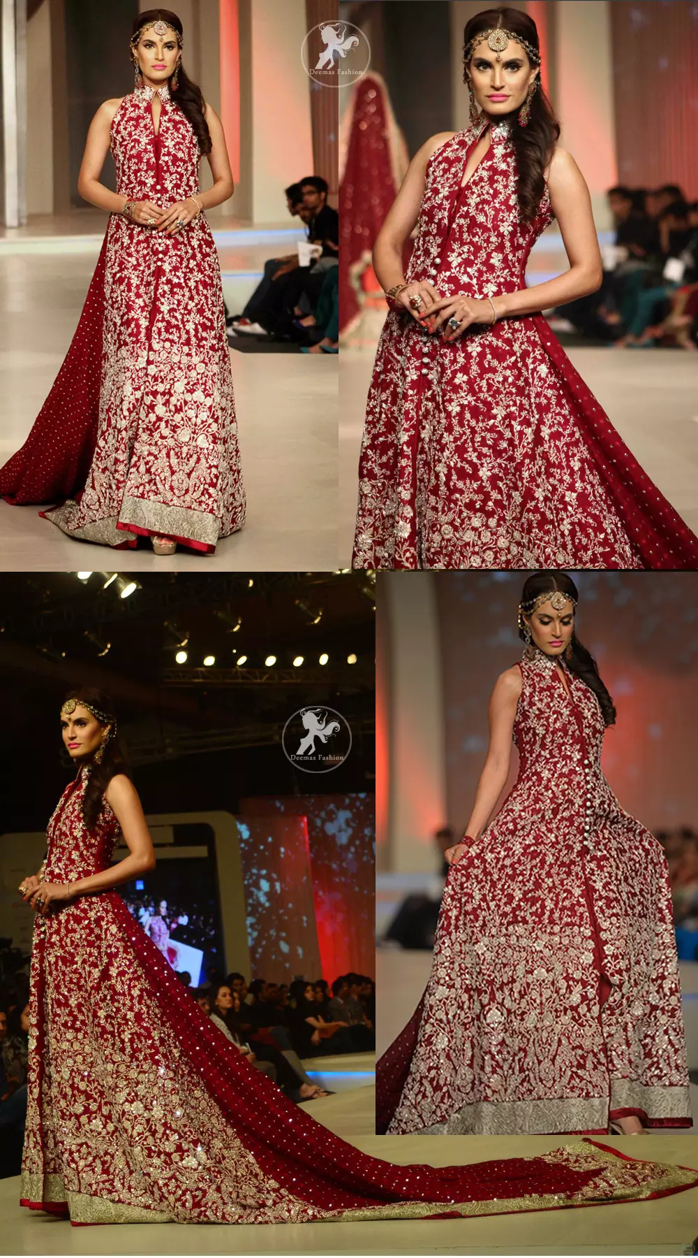 Deep red fully embellished bridal front open back trail gown
