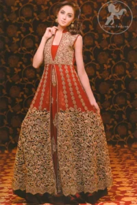 Deep Red Heavy Embellished Double Layer Front Open Bridal Gown