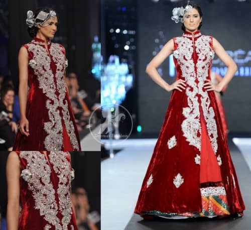 Deep Red Velvet Full Length Front Open Embellished Gown and Skirt