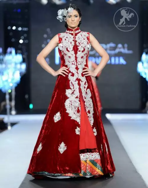 Deep Red Velvet Full Length Front Open Embellished Gown and Skirt