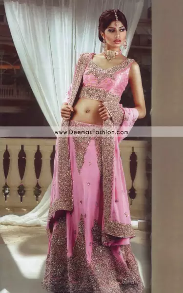 Latest Indian Style Lehenga - Pink Golden Bridal Dress Latest Indian Style Lehenga - Pink Golden Bridal Dress