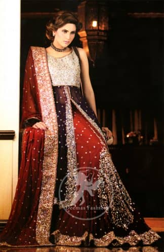 Latest Bridal Dress Plum Front Open Embroidered Gown Deep Red Lehnga Dupatta