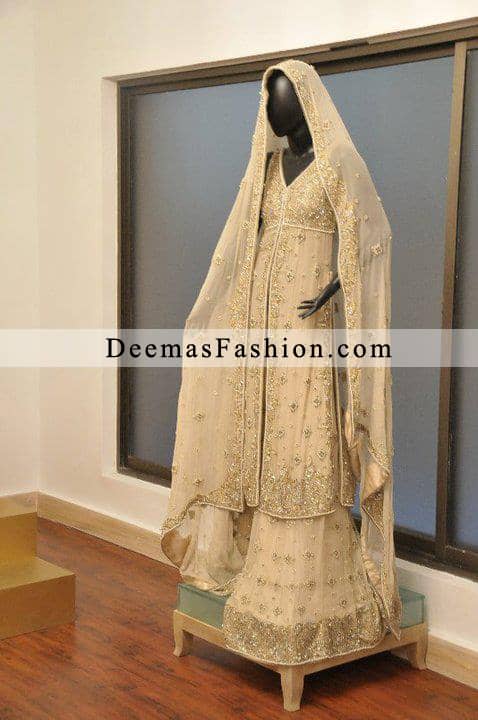 Latest Pakistani Bridal Wear Collection Off White Sharara Open Shirt Gown Latest Pakistani Bridal Wear Collection Off White Sharara Open Shirt Gown
