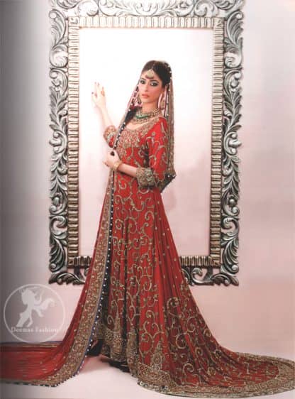 Latest Pakistani Deep Red Back Trail Traditional Bridal Wear Pishwas