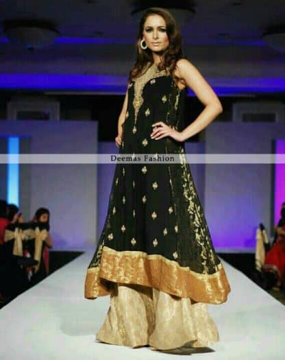 Latest Pakistani Designer Dress Black Aline Frock Sharara