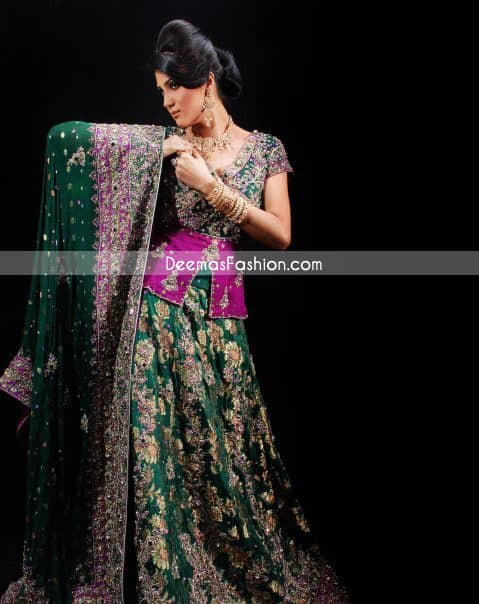 Latest Pakistani Bridal Wear - Bottle Green & Magenta Lehnga