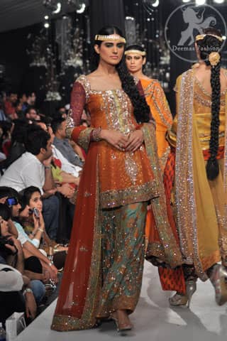 Orange Mehndi Wear Frock Embroidered Sharara