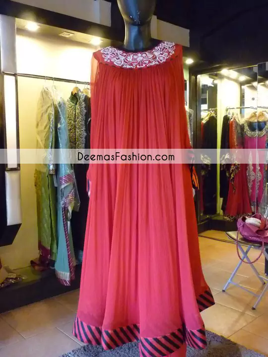  Pakistani Designer Wear Collection Pinkish Red Gown
