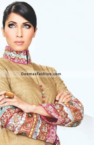 Pakistani Fashion Clothes Light Golden Embroidered Dress