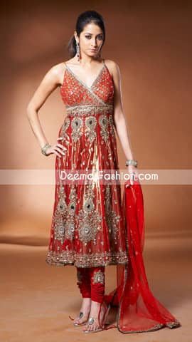 Pakistani Traditional Anarkali Churidar Red & Golden Dress