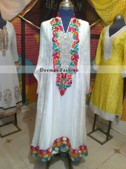 Pakistani Fashion White with Multi Color Embroidery A Line Dress