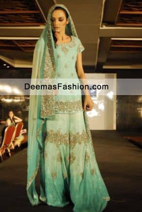 Pakistani Latest Bridal Fashion Sea Green Bridal Wear Sharara