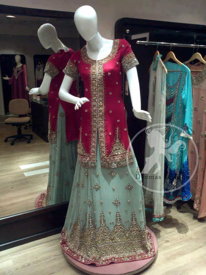 Pinkish red front open shirt ferozi lehnga