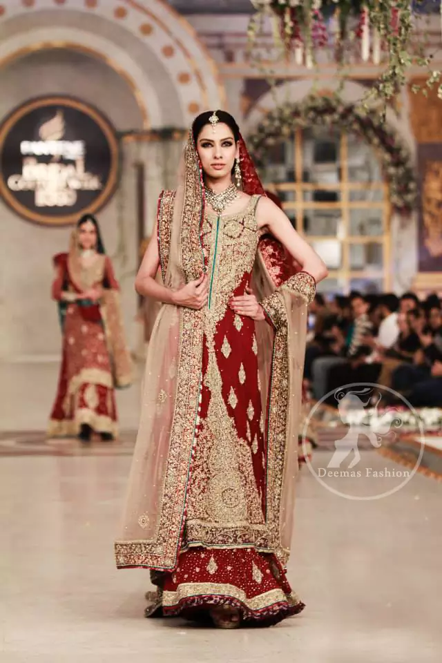 Wedding Outfit Deep Red Heavy A Line Shirt Lehenga with Light Fawn Dupatta
