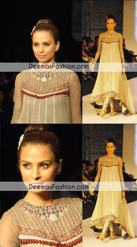 Beige pure chiffon Anarkali panel dress having embellished bodice. The hemline has been appliqued with dark grey fabric and adorned with mixed embellishments. Sequences have been adorned in stripes on panel joints. Fully elastic silky churidaar. Matching Pure chiffon dupatta having banarsi piping on four sides.