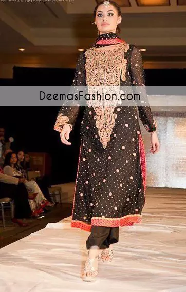 The black pure banarsi jamawar chiffon shirt has been embellished with a beautiful long hand-embroidered neckline with zardozi work. This long shirt has been adorned with small motifs and chun (sequin) spray all over the shirt.