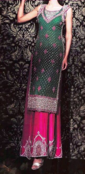 Designer Dress Bottle Green Shocking Pink Sharara