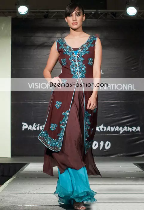  Dark Brown Ferozi Party Wear Front Open Designer Dress