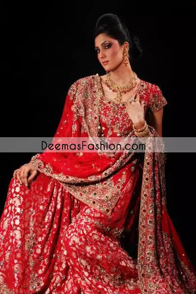 Traditional Style Pakistani Bridal Wear Dress - Deep Red Gharara
