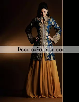 Golden Yellow Royal Blue Bridal Mehndi Wear Sharara