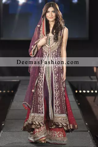 Latest Pakistani Bridal Collection 2016 Red Dark Purple Front Open Gown Sharara