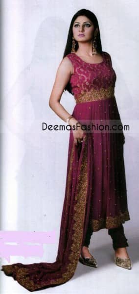 This dress is beautifully sculptured with floral embroidery, adorned with golden kora, dabka, pearl and sequins work all over. Bodice is made up of brocade fabric and the waist of the shirt is beautifully ornamented with zardosi work. It is further enhanced with beautiful rich patterns and delicate details at the daaman. Paired up with brocade churidar pajama and matching chiffon dupatta, having four sided heavy embellished borders.