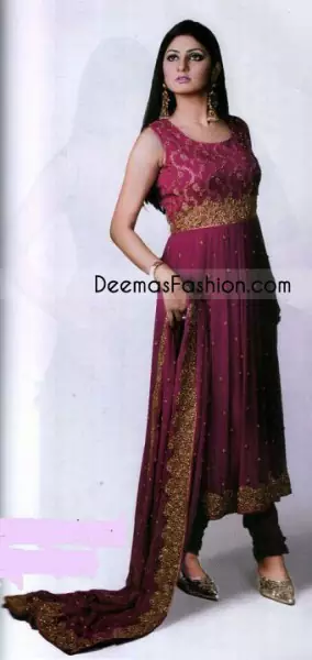 This dress is beautifully sculptured with floral embroidery, adorned with golden kora, dabka, pearl and sequins work all over. Bodice is made up of brocade fabric and the waist of the shirt is beautifully ornamented with zardosi work. It is further enhanced with beautiful rich patterns and delicate details at the daaman. Paired up with brocade churidar pajama and matching chiffon dupatta, having four sided heavy embellished borders.