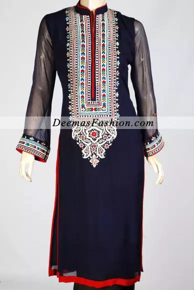 Pakistani Fashion Dress 2016 Navy Blue Casual Wear