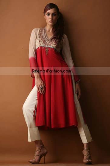 Pakistani Ladies Wear Red Off White Chiffon