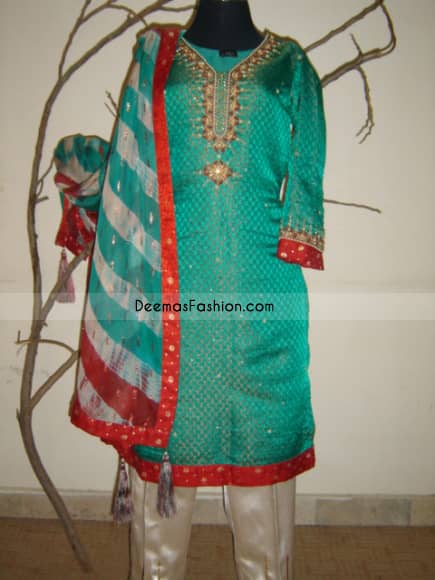 Indian Ladies Wear Sea Green Red Jamawar Dress