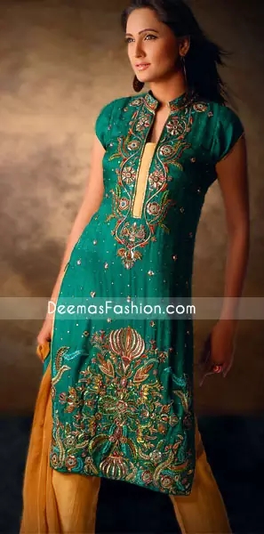 Pakistani Party Clothes Emerald Green & Golden Yellow Dress