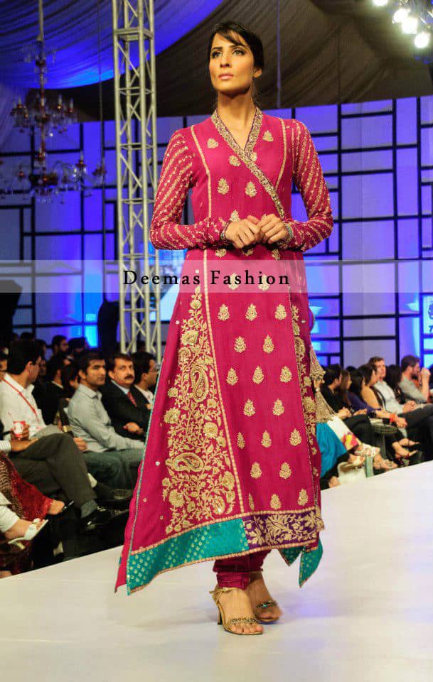Shocking Pink Pure Chiffon A-Line Angrakha Style Shirt with Churidar