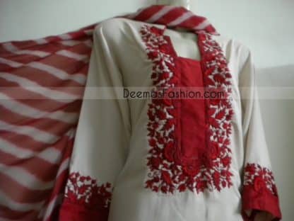 Pakistani Casual Wear - White Suit With Red Embroidery