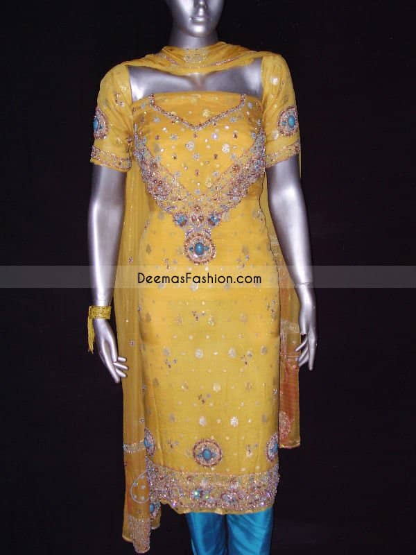 Shalwar Kameez Yellow Ferozi Embroidered Dress