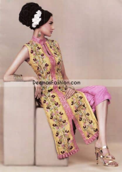 Yellow pure chiffon sleeveless shirt with open front. Stand collar with front closures Pink banarsi jamawar applique along floral embroidery on both sides. Pink banarsi frill used on hemline.